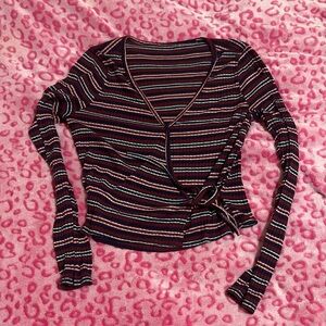 Striped Long Sleeve Wrap Top